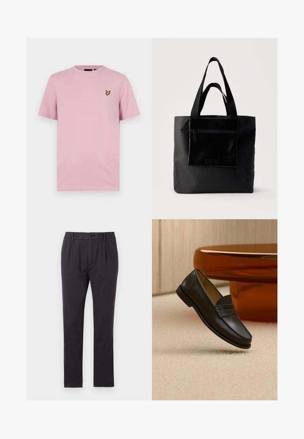Lyserød t-shirt med korte ærmer lavet af blødt stof, med et lille gult sommerfuglelogo broderet på venstre bryst.; Tommy Jeans ISAAC LIGHT - Chino - black; Sort læder loafer-sko hængende over beige tæppe med ravfarvet moderne møblement i baggrunden.; Sort tote-taske med lynlåslomme foran og to håndtag, sat mod en ensfarvet lys baggrund.