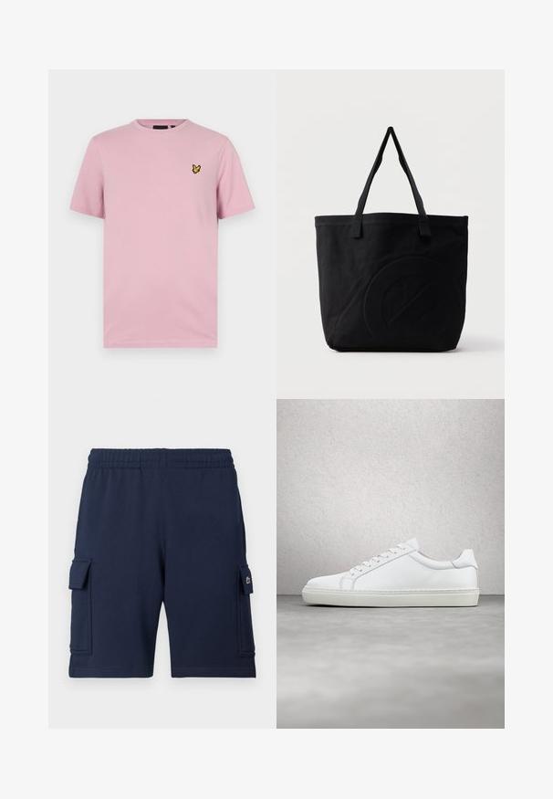 Rosa T-Shirt mit kurzen Ärmeln aus weichem Stoff, mit einem kleinen gelben Schmetterlingslogo, das auf der linken Brust gestickt ist.; Marineblaue Cargo-Shorts aus weichem Stoff, mit einem elastischen Bund, zwei Seitentaschen und einem kleinen Logoakzent auf der linken Tasche.; Weißer Sneaker mit glattem Lederobermaterial und niedrigem Profil. Verfügt über eine runde Zehenpartie, sechs Ösen und eine strukturierte Gummisohle.; Schwarze Canvas-Shopper-Tasche mit zwei Schulterriemen und einem dezenten, eingeprägten kreisförmigen Design auf der Vorderseite.