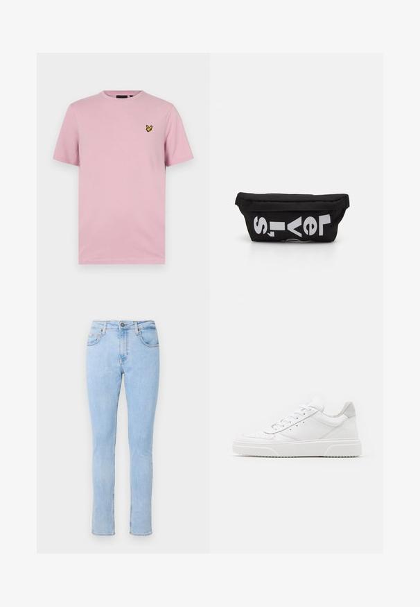 Roze t-shirt met korte mouwen, gemaakt van zachte stof, met een klein geel vlinderlogo dat op de linkerborst is geborduurd.; Lichtblauwe denim jeans met een slim fit ontwerp, vijf zakken, sluiting met een knoop aan de voorkant en subtiele vervaging. Slanke snit met rechte pijpen.; Witte leren sneakers met een gladde afwerking, ronde neus, platte veters en een gestructureerde zool. Grijze suède accent bij de hiel.; Zwarte stoffen tas met een platte vorm, voorzien van vet witte tekst. De ritssluiting bevindt zich aan de bovenkant, met een lus-detail aan één kant.