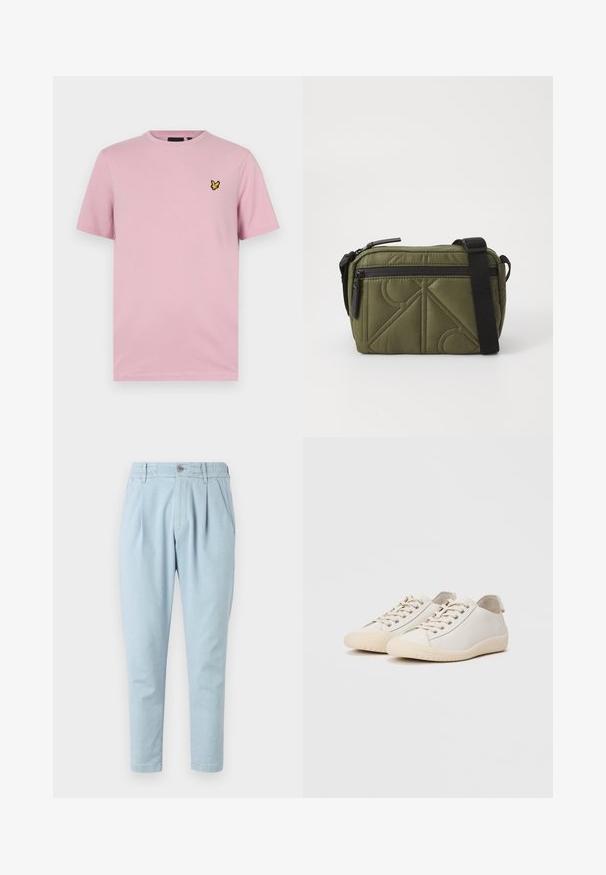 Lyserød t-shirt med korte ærmer lavet af blødt stof, med et lille gult sommerfuglelogo broderet på venstre bryst.; Lyseblå bukser lavet af tekstureret stof, med knaplukning, elastisk talje og to sidelommer. Tapered ben design.; Hvide sneakers lavet af glat læder med tonede stikninger, snørebåndslukning, rund tå og en tekstureret gummisål.; Olivenfarvet quiltet stoftaske med en sort rem, der har en top lynlåslukning og en udvendig lynlåslomme med geometriske mønsteraccenter.
