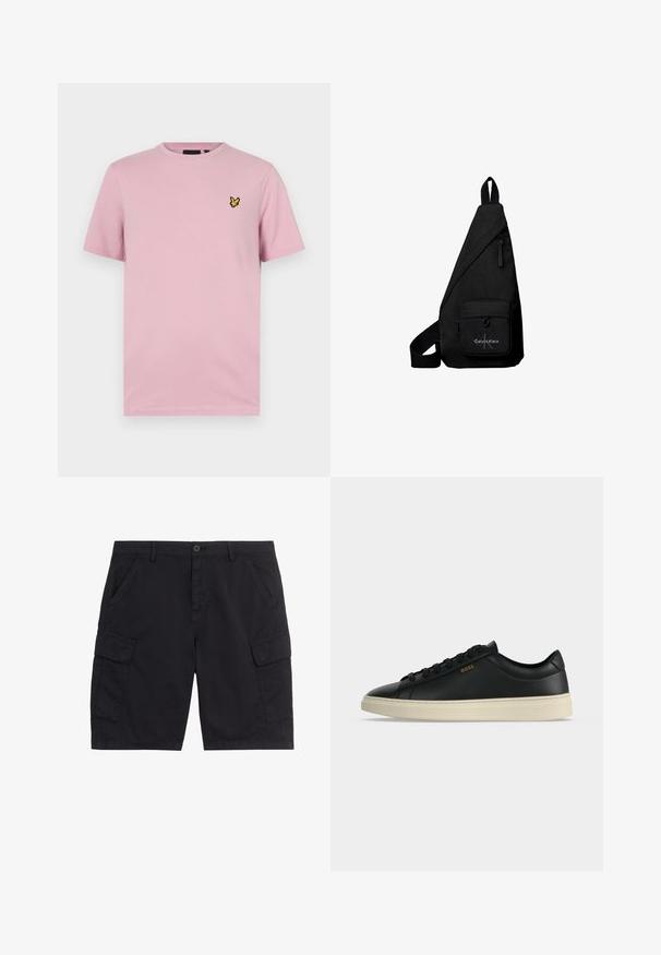 Rosa T-Shirt mit kurzen Ärmeln aus weichem Stoff, mit einem kleinen gelben Schmetterlingslogo, das auf der linken Brust gestickt ist.; Schwarze Cargo-Shorts mit vorderem Knopf und Reißverschluss, zwei seitlichen Taschen, zwei Klappentaschen und Gürtelschlaufen.; Schwarzer flacher Ledersneaker mit weißer Sohle, schwarzen Schnürsenkeln und kleinem goldfarbenem BOSS-Logo an der Seite.; Schwarze dreieckige Crossbody-Tasche mit vorderer Reißverschlusstasche mit Calvin Klein Logo und verstellbarem Riemen.