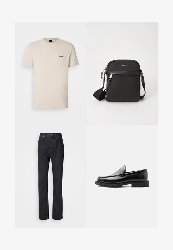 T-shirt en coton beige avec un col rond et des manches courtes. Présente un petit logo noir "BOSS" sur la poitrine gauche. Texture lisse.; Jean en denim noir taille haute avec fermeture à bouton et à glissière, poches avant et arrière, et coupe droite.; Mocassin en cuir noir avec semelle en caoutchouc épaisse, dessus cousu et nom de marque embossé sur le talon, présenté de profil sur fond blanc.; Sac bandoulière noir en tissu texturé, avec un logo sur le devant, fermeture éclair et une bandoulière réglable. Finitions en cuir lisse.