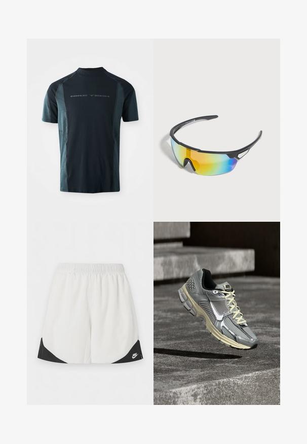 Camiseta Nike Tech de manga corta, con un cuerpo en azul marino oscuro y paneles laterales en teal claro, y un cuello alto. Logo impreso en la parte delantera.; Pantalones cortos deportivos blancos con cintura elástica y paneles triangulares negros cerca de las aberturas de las piernas, con un logo blanco de Nike en el lado derecho.; Zapatilla de running Nike gris y beige con cordones blancos y un gran logo blanco, colocada como si flotara sobre una superficie de hormigón.; Gafas de sol deportivas negras con lentes envolventes tintados con colores del arcoíris y montura ligera, diseñadas para actividades al aire libre.