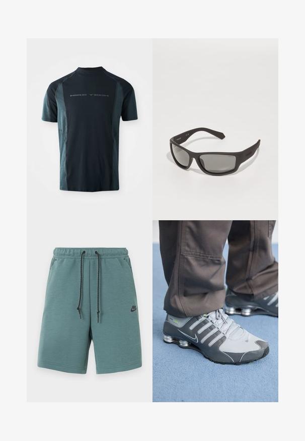 Kurzärmliges Nike Tech-Shirt mit einem dunkelblauen Körper, hellblauen seitlichen Einsätzen und einem hohen Kragen. Logo auf der Vorderseite gedruckt.; Nike-Shorts in Türkis mit schwarzem Kordelzug, elastischem Bund, Seitentaschen und kleinem schwarzem Nike-Logo am linken Oberschenkel.; Graue und silberne Nike Shox Sneakers zeichnen sich durch ein schlankes Design aus, mit Netz- und Synthetikmaterialien, einer abgerundeten Zehenpartie und einem gepolsterten Schuhkragen.; Schwarze Plastiksonnenbrille mit dunkelgrauen Gläsern. Elegantes, umschließendendes Design mit gebogenen Bügeln und dezentem Branding an den Schläfen.