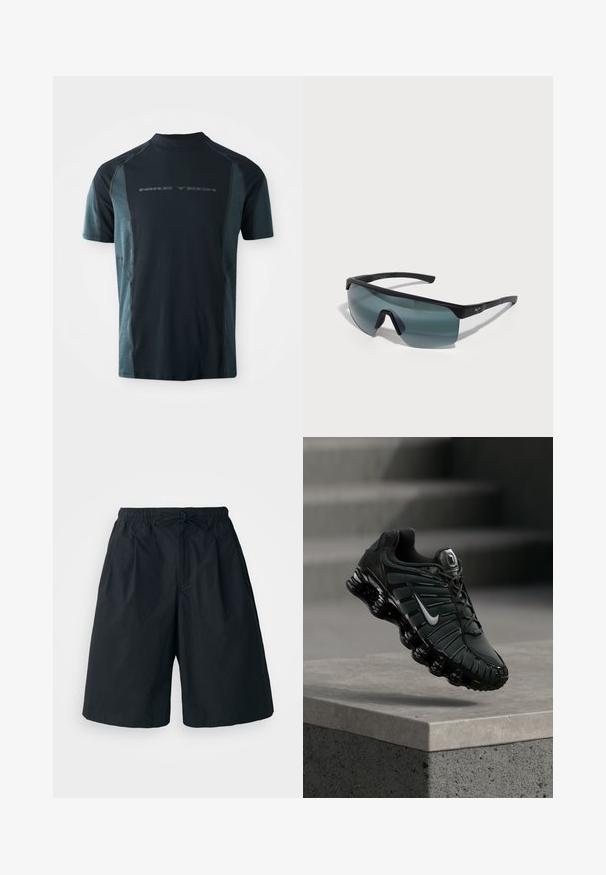 Camiseta Nike Tech de manga corta, con un cuerpo en azul marino oscuro y paneles laterales en teal claro, y un cuello alto. Logo impreso en la parte delantera.; Pantalones cortos negros con cintura elástica y cordón ajustable. Hechos de una tela suave, con un corte holgado y sin patrones visibles.; Zapatilla de correr Nike en negro y gris oscuro con el logo Swoosh blanco suspendida sobre un borde de cemento y escaleras al fondo.; Gafas de sol deportivas con un marco negro, grandes lentes grises y un diseño envolvente. Presenta un puente nasal prominente y patillas texturizadas.