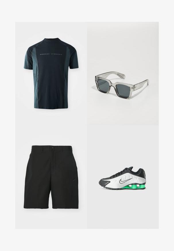Camiseta Nike Tech de manga corta, con un cuerpo en azul marino oscuro y paneles laterales en teal claro, y un cuello alto. Logo impreso en la parte delantera.; Pantalones cortos negros de tejido ligero, con cierre de botón, trabillas para cinturón y un bolsillo lateral con un sutil detalle de logo.; Zapatilla deportiva en blanco y negro con detalles en verde, que presenta un diseño elegante, parte superior texturizada y una suela segmentada distintiva.; Gafas de sol sobredimensionadas y claras con lentes oscuros, que presentan un marco rectangular grueso y acentos texturizados en las patillas. Fabricadas de plástico transparente.