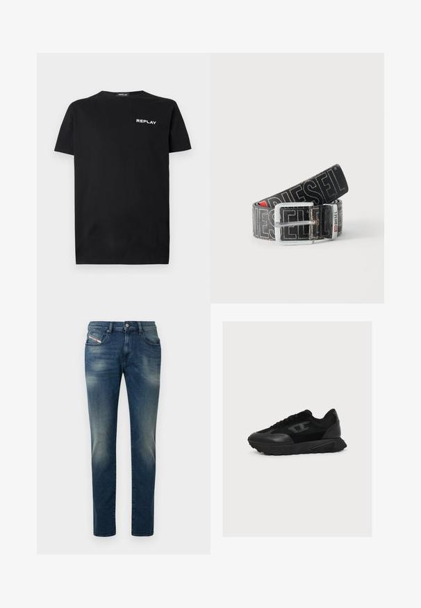 Schwarzes Baumwoll-T-Shirt mit kurzen Ärmeln und Rundhalsausschnitt, mit einem weißen "REPLAY"-Logo auf der linken Brustseite. Glatte Textur.; Dunkelblaue Jeans aus Denim mit verwaschenem Look, geradem Bein und leicht abgenutztem Knie. Verfügt über Vordertaschen und einen Metallknopfverschluss.; Schwarzer Low-Top-Sneaker mit Obermaterial aus gemischtem Mesh und Leder, Schnürverschluss und strukturierter Sohle, im rechten Seitenprofil auf weißem Hintergrund gezeigt.; Schwarzer Diesel-Gürtel mit großem weißen Logotext, rechteckiger silberner Schnalle und gebrandetem Metallschlaufen-Detail, aufgewickelt auf hellem Hintergrund.