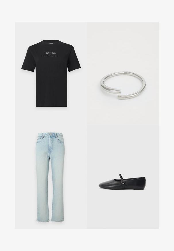 Μαύρο κοντομάνικο T-shirt με στρογγυλή λαιμόκοψη και λευκό κείμενο «Calvin Klein» και «Established Nineteen Sixty Eight» στο κέντρο του στήθους.; Σκούρο γαλάζιο τζιν ψηλόμεσο με ίσια γραμμή, με εμπρόσθιο κουμπί, θηλιές για ζώνη και κλασικό σχέδιο με πέντε τσέπες σε απλό φόντο.; Μαύρες δερμάτινες μπαλαρίνες με μυτερή μύτη, επίπεδο πάτο και μικρή λωρίδα με λεπτομέρεια ασημένιας αγκράφας.; Calvin Klein SPIRAL - Βραχιόλι - silver-coloured