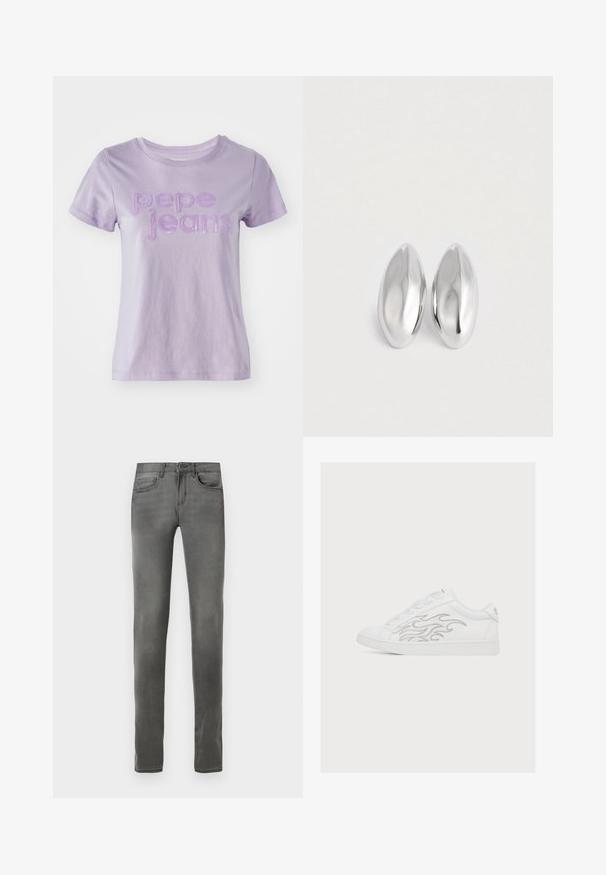 Lila lyhythihainen t-paita, joka on valmistettu puuvillasta. Edessä on ''pepe jeans'' tekstuurilla komistettuna violetilla kirjailulla. Hieno kankaan pinta.; Harmaat farkut slim fit -mallilla, joissa on viisi taskua, nappikiinnitys ja pehmeä tekstuuri. Ei näkyviä kuvioita tai koristeita.; Valkoinen matalakärkinen lenkkari, jossa valkoiset nauhat ja hopeinen liekkikuosi sivulla, esitetty ulkopuolelta yksivärisellä taustalla.; Kaksi sileää, kiiltäviä hopeanväristä ovaalin muotoista esinettä, jotka on asetettu vierekkäin yksinkertaiselle valkoiselle taustalle.
