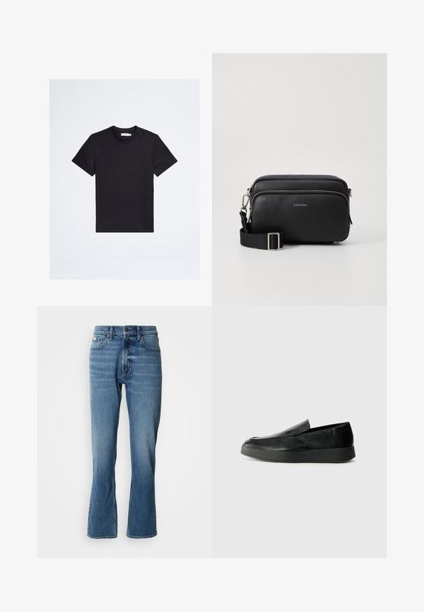 Schwarzes T-Shirt mit kurzen Ärmeln und Rundhalsausschnitt mit kleinem tonalem Logo auf der linken Brust und weißem Markenetikett im Kragen.; Hellblaue Denim-Jeans mit geradem Schnitt und leicht ausgestelltem Bein. Verfügt über fünf Taschen, einen Knopfverschluss und dezente Waschungseffekte.; Calvin Klein HYBRID CUP - Slipper - triple black; Schwarze Leder-Crossbody-Tasche mit zwei Reißverschlussfächern, strukturiertem Finish, verstellbarem Tragegurt und silbernen Hardware-Details. Calvin Klein-Logo angebracht.