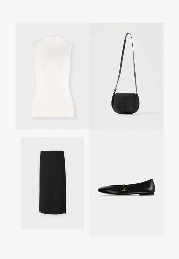 Haut blanc en maille côtelée sans manches avec un col montant et une silhouette ajustée.; Jupe crayon noire longueur genou avec un détail de recouvrement asymétrique à l'avant sur fond blanc.; Chaussure plate en cuir noir avec une petite chaîne dorée et un détail barre sur le dessus, bout arrondi et talon bas.; Sac bandoulière en cuir noir texturé avec fond arrondi, rabat avant et bandoulière réglable avec boucle métallique.