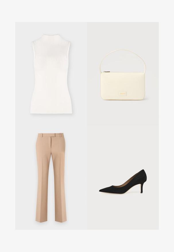 Haut blanc en maille côtelée sans manches avec un col montant et une silhouette ajustée.; Pantalon beige droit sur mesure avec passants de ceinture et plis avant, présenté sur un fond blanc.; Escarpin en daim noir à bout pointu avec un talon stiletto fin de hauteur moyenne et un design à coupe basse sur un fond uni.; Sac à main rectangulaire de couleur crème avec une seule sangle et une fermeture éclair sur le dessus, comportant une petite plaque de logo embossé à l'avant.
