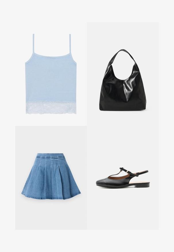 Blå top i blødt stof med tynde stropper, med en hvid blonderkant nederst. Enkel, klassisk design uden yderligere detaljer.; Lyseblå denim plisseret nederdel med en tætsiddende talje, der smider ud ved kanten, prydet med diskrete syninger og en glat tekstur.; Sort læder flad slingback-sko med T-rem og guldlås på neutral baggrund.; Sort læder hobo taske med en blød, skinnende tekstur og en rund, åben top. Har en bred, buet strop til bæring. Ingen synlig hardware.