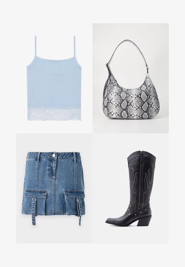 Blaues Tanktop aus weichem Stoff mit dünnen Trägern, verziert mit einem weißen Spitzenrand am Saum. Einfaches, klassisches Design ohne zusätzliche Akzente.; Denim-Minirock in hellblau, mit hoher Taille, vorderem Knopfverschluss und zwei Vordertaschen mit verstellbaren Trägern.; Schwarze Cowboy-Stiefel aus Leder mit spitzer Zehenpartie, sichtbarer Nahtführung, silbernen Nietenakzenten und Reißverschluss auf der Innenseite.; Schultertasche im schwarz-weißen Schlangenprint mit runder Form, glatter Textur und gebogenem Tragegurt. Mit einem silbernen Hardware-Akzent.