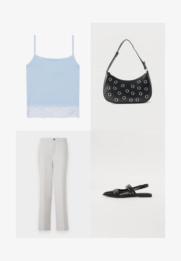 Camiseta sin mangas azul hecha de una tela suave con tirantes finos, que presenta un borde de encaje blanco en la parte inferior. Diseño simple y clásico sin acentos adicionales.; Pantalones rectos de color gris claro, confeccionados en una tela suave, que presentan un cierre frontal con botón, bolsillos laterales y un corte entallado.; Even&Odd Bailarinas con tira trasera - black; Bolso de hombro de cuero negro con correa ajustable, adornos de ojales metálicos plateados y cierre superior con cremallera.