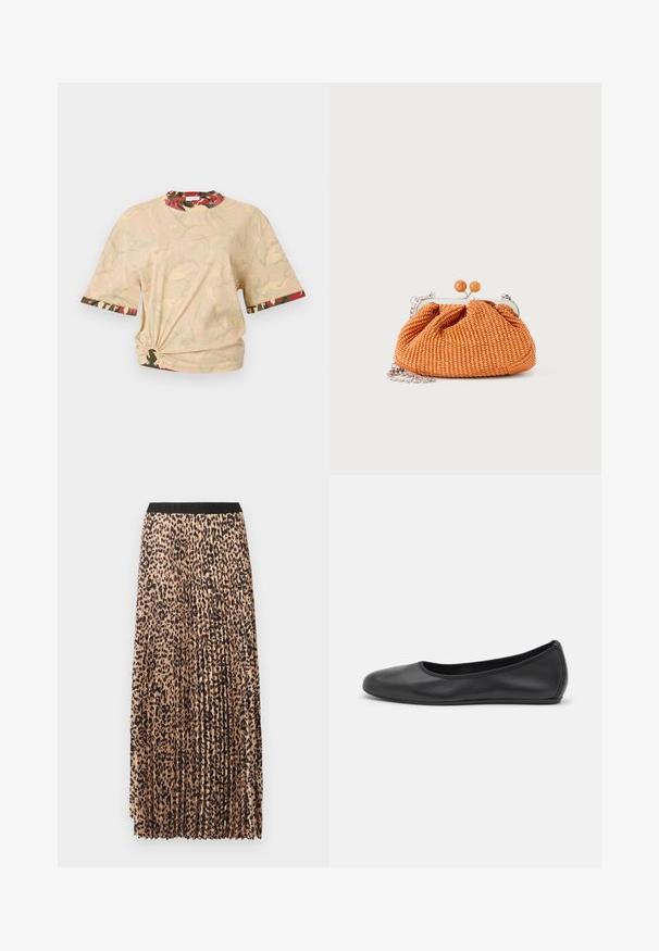 Rabanne T-shirts print - beige/kaki/brique/noir; Plisseret maxinederdel i beige med sort leopardprint. Har en sort taljebånd, blød tekstur og flydende design.; Sort læderballetsko med rund tå, glat tekstur, minimal syning og et fleksibelt såldesign.; Lille orange flettet clutch-pung med sølvmetalramme, rund lukning og en sølvkæde-rem på en hvid baggrund.