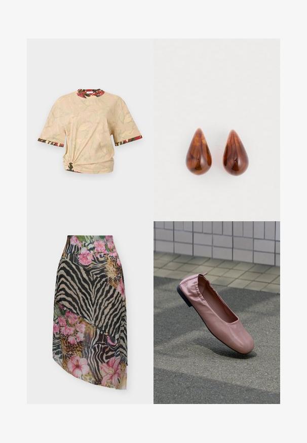 Rabanne T-shirt print - beige/kaki/brique/noir; Rok met gelaagd doorschijnend stof met zwarte en beige zebrastripes, luipaardvlekken en roze bloemenpatronen met knoopdetails.; Roze leren platte schoen met elastische hiel zwevend boven grijze asfaltgrond, betegelde muur op de achtergrond.; Een paar glanzende bruine druppelvormige oorbellen met subtiele donkerdere patronen op een witte achtergrond.