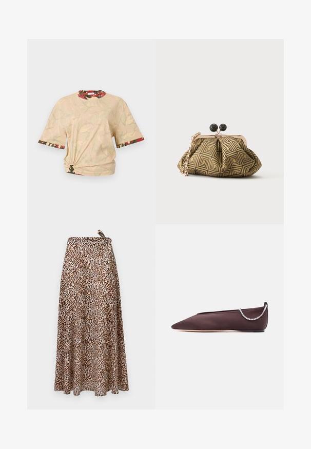 Rabanne Tričko s potlačou - beige/kaki/brique/noir; Maxi sukňa s leopardím vzorom z ľahkej tkaniny. Má viazanie v páse, prúdiaci strih a lem dosahujúci až k členkom. Dominujú zemité tóny.; Tmavohnedá balerína so špičatou špičkou, nízkym podpätkom a detailom zo striebornej retiazky s kryštálmi na zadnej strane.; Malá kabelka s geometrickým zlatým a čiernym vzorom, kovovým rámom v zlatom tóne, čiernym zapínaním v tvare guličky a krátkým zlatým retiazkovým remienkom.