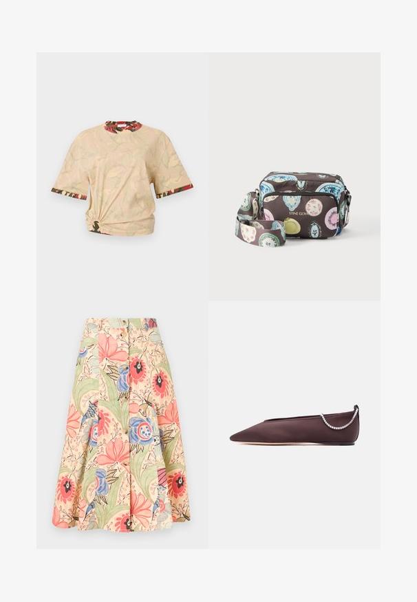 Rabanne T-shirts print - beige/kaki/brique/noir; Foran-knap A-formet nederdel med stort blomstermønster i pink, blå, grønne og beige toner på en lys baggrund.; Mørkebrun flad sko med spids tå, lav hæl og en sølvfarvet rhinstenkæde detalje bagpå.; Crossbody taske med farverige ovale mønstre på mørk baggrund, front-lynlåslomme og justerbar rem, mærket "STINE GOYA" med guld bogstaver.