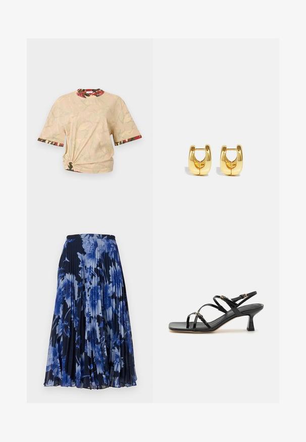 Rabanne T-shirt imprimé - beige/kaki/brique/noir; Jupe plissée en tissu bleu marine foncé ornée d'un grand motif floral dans différentes nuances de bleu. Taille élastique pour le confort.; Sandales à strapes en cuir verni noir avec un bout carré et un petit talon carré. Présente des accessoires en métal doré et des brides de cheville réglables.; Boucles d'oreilles en or avec un design élégant et arrondi. Présentent un centre creux et une surface brillante, complétant les styles modernes.
