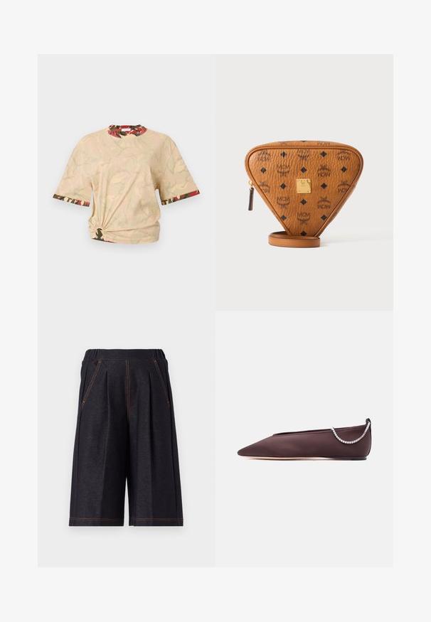 Rabanne Trükipildiga T-särk - beige/kaki/brique/noir; Tumedad hallid pehmest kangast lühikesed püksid, millel on voldid ja oranžad õmbluse aktsendid. Mugavuse tagamiseks elastne vöökoht, põlvepikkune disain.; Tumepruunid terava varbaga madala kontsaga lamedad kingad, mille tagaküljel on hõbedaste teemandikettide detail.; Pruun kolmnurkne nahast ristiikkott mustade MCM logodega, kuldse metallbrändi plaadi ja tõmblukuga valgel taustal.