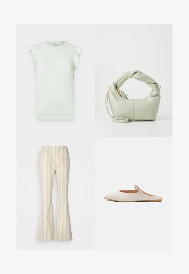 Lys grøn t-shirt med korte ærmer og flæser på skuldrene. Fremstillet af blødt bomuld, med rund halsudskæring og lige kant.; Stribede bukser med klokkeformet nederdel i pastelfarverne pink og grøn, lavet af letvægtsstof, med en glat tekstur og elastisk talje.; Hvide læder mules med spids tå og en lille ankelrem. Har en lysebrun indersål og en tan gummisål. Glat tekstur.; Grøn faux læder håndtaske med et snoet håndtag, guldfarvet hardware og en aftagelig rem. Rundet form med en glat tekstur og sømdetaljer.