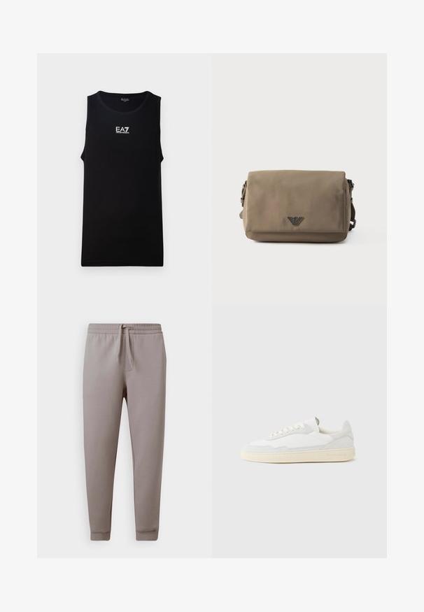 Schwarzes ärmelloses Tanktop mit rundem Halsausschnitt. Besitzt ein weißes EA7 Emporio Armani-Logo auf der Brust. Hergestellt aus glattem Stoff.; Hellgraue Sweatpants aus weichem Material, mit einem elastischen Bund und Kordelzug, schmal zulaufenden Bündchen und Seitentaschen.; Weißer Sneaker mit strukturiertem Obermaterial aus Wildleder und Leder. Verfügt über eine runde Zehenpartie, Schnürverschluss und eine kontrastierende beige Gummisohle.; Rechteckige Crossbody-Tasche in Taupe mit Klappverschluss und kleinem Metall-Logo-Emblem mittig auf der Vorderseite vor weißem Hintergrund.
