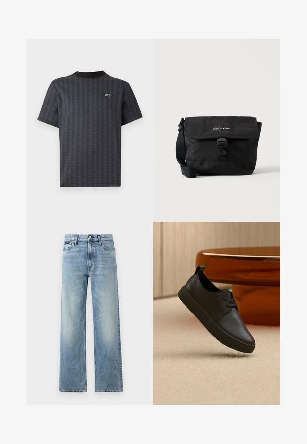 Sort kortærmet t-shirt med et geometrisk mønster og et grønt krokodille-logo, med en ensfarvet sort rund hals.; Lyseblå denim jeans med lige ben, højt talje, fem lommer, knaplukning og diskrete falmede områder på lår og knæ.; Sort lædersneaker til hverdag med snørebånd, svævende over beige tæppe med et rundt bord af ravfarvet glas i baggrunden.; Sort Calvin Klein skuldertaske med frontklap, spænde lukning og justerbar rem på hvid baggrund.