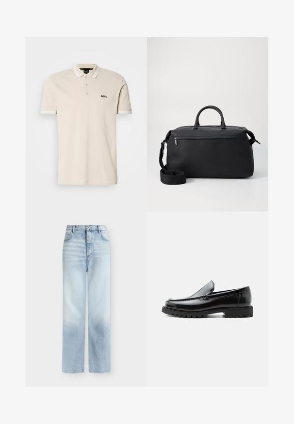 Beige poloshirt met een kraag, drie-knops knoopsluiting en geborduurd zwart logo op de linkerkant van de borst. Korte mouwen met witte accenten.; Lichtblauwe, hoog getailleerde, rechte jeans met voorzakken, riemlussen en een knoopsluiting.; Zwarte leren loafer met dikke rubberen zool, gestikte bovenkant en gegraveerde merknaam op de hiel, zijaanzicht op witte achtergrond.; Zwarte leren reistas met twee bovenhandvaten, een afneembare schouderband en een ritsvak aan de voorkant voor extra opbergruimte.