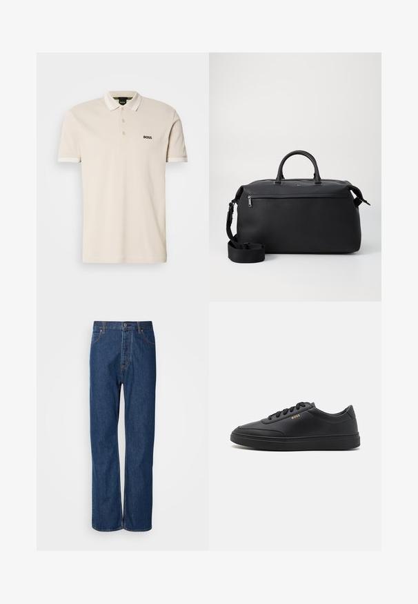 Camisa polo beige con cuello, tapeta de tres botones y logo negro bordado en el lado izquierdo del pecho. Mangas cortas con acentos blancos.; Jeans de denim azul con un diseño de pierna recta, que cuentan con una bragueta de botones, cinco bolsillos y costuras de contraste a lo largo de las costuras.; Zapatillas de cuero negro con una textura suave, punta redondeada, suela plana de goma y cordones a tono. Presentan el logotipo dorado "BOSS" en el lateral.; Bolsa de viaje de cuero negro con dos asas superiores, una correa de hombro desmontable y un bolsillo frontal con cremallera para almacenamiento adicional.