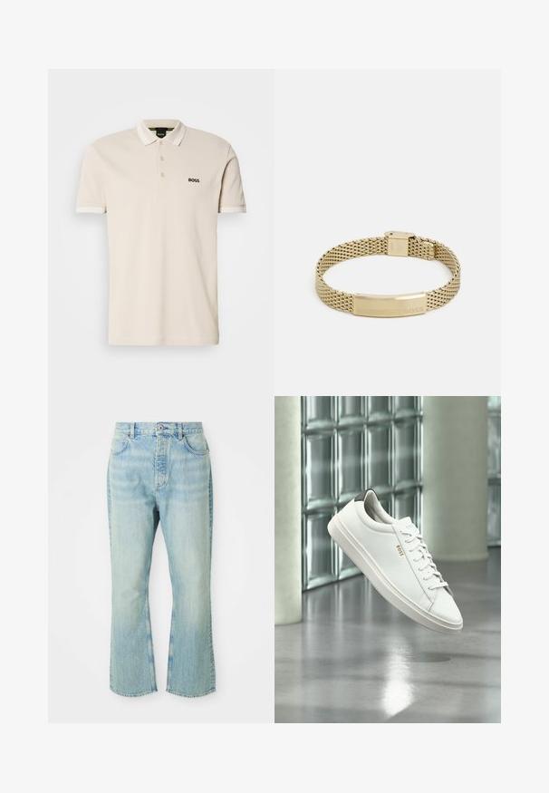 Beige polo särk kaelusega, kolme nööbiga plaaniga ja tikkitud musta logoga vasakul rinnal. Lühikesed varrukad valgete aktsentidega.; Heledad sinise denimi laiendid teksad kõrge vöökohaga, mis sisaldavad viit taskut, vöörihmasid ja määrdunud pesu tekstuuri.; Valge nahast madala säärega tenniskingad paeltega, must kannaosa ja "BOSS" logo, hõljuvad siseruumis klaasplokkidest seina ja läikiva põranda lähedal.; Kullatud võrkmoodul, millel on lame, graveeritud plaat sõnaga "BOSS". Kujundus on stiilne, metallise tekstuuri ja turvalise lukuga.