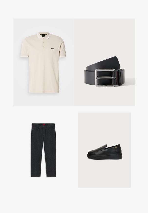 T-shirt polo beige avec un col, patte de boutonnage à trois boutons et logo noir brodé sur la poitrine gauche. Manches courtes avec accents blancs.; Jean en denim à lavage foncé avec une coupe droite, doté d'une étiquette de marque rouge à la ceinture et de détails de couture minimaux.; Chaussure plateforme noire en cuir à enfiler, avec une semelle épaisse et un petit logo doré "HUGO" près du talon sur un fond clair uni.; Ceinture en cuir noire roulée avec une boucle rectangulaire en argent gravée "HUGO" et une boucle en cuir avec une couture rouge.