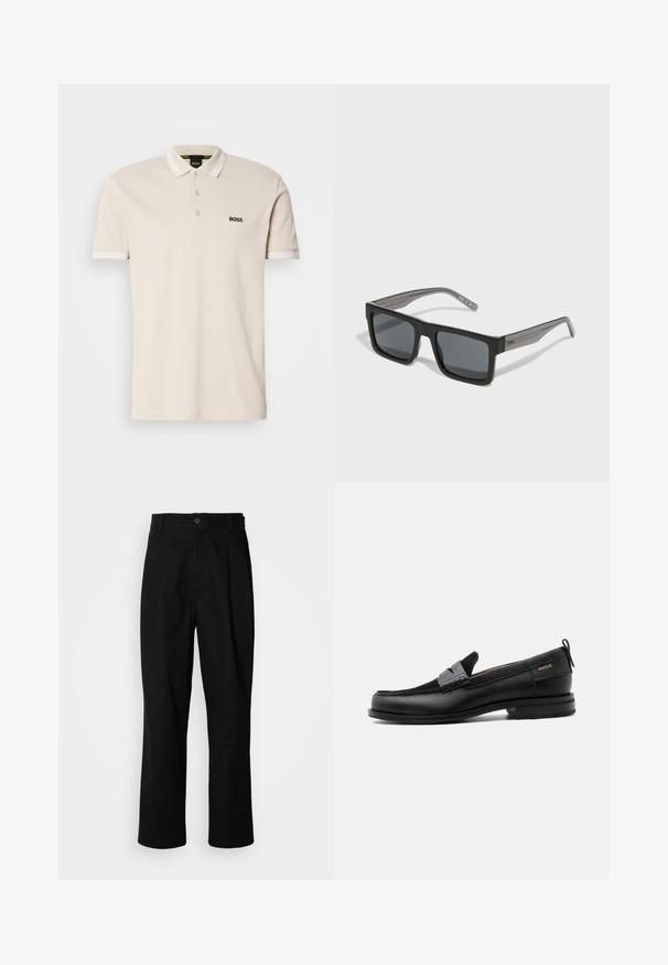 T-shirt polo beige avec un col, patte de boutonnage à trois boutons et logo noir brodé sur la poitrine gauche. Manches courtes avec accents blancs.; Pantalons noirs à jambes droites avec une taille à bouton, passants de ceinture et pli avant, présentés sur un fond blanc uni.; Mocassin en cuir noir avec détail de bride grise, talon bas et semelle texturée, marqué "HUGO" en or sur le côté.; HUGO Lunettes de soleil - black