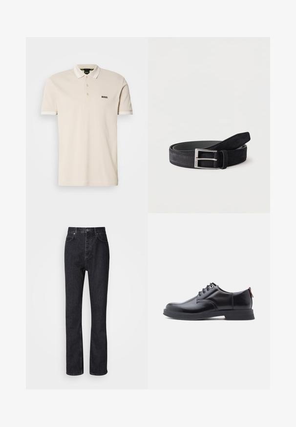 Beige poloshirt met een kraag, drie-knops knoopsluiting en geborduurd zwart logo op de linkerkant van de borst. Korte mouwen met witte accenten.; Hoge taille zwarte denim jeans met een knoop- en ritssluiting, voor- en achterzakken en een rechte pasvorm.; Zwarte leren veter schoenen met een gladde textuur, ronde neus en subtiel stiksel detail. Voorzien van een rode trekband op de hiel.; Zwarte suède leren riem opgerold met een zilveren rechthoekige metalen gesp op een effen witte achtergrond.