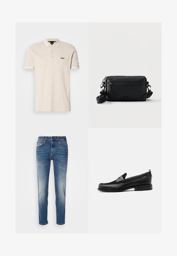 Camisa polo beige con cuello, tapeta de tres botones y logo negro bordado en el lado izquierdo del pecho. Mangas cortas con acentos blancos.; Jeans de mezclilla azul con un diseño de pierna recta, ligero desgastado, estilo clásico de cinco bolsillos y cierre de cremallera con botón.; Mocasín de cuero negro con detalle de tira gris, tacón bajo y suela texturizada, con la marca "HUGO" en oro en el lateral.; Bolso bandolera rectangular negro con bolsillo frontal con cremallera, correa ajustable y logotipo "BOSS" grabado en relieve en la parte superior central.