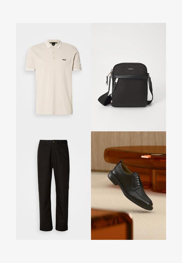 Camisa polo beige con cuello, tapeta de tres botones y logo negro bordado en el lado izquierdo del pecho. Mangas cortas con acentos blancos.; Pantalones de algodón negros con corte recto, presillas para el cinturón, cremallera frontal y un solo botón de cierre. Textura suave sin patrones visibles.; Zapato de vestir negro de piel con cordones y parte delantera texturizada, flotando sobre una alfombra beige en una habitación moderna con muebles de tono ámbar.; Bolso bandolero negro con un tejido texturizado, logo en la parte frontal, cierre de cremallera y correa ajustable. Presenta un ribete de cuero suave.