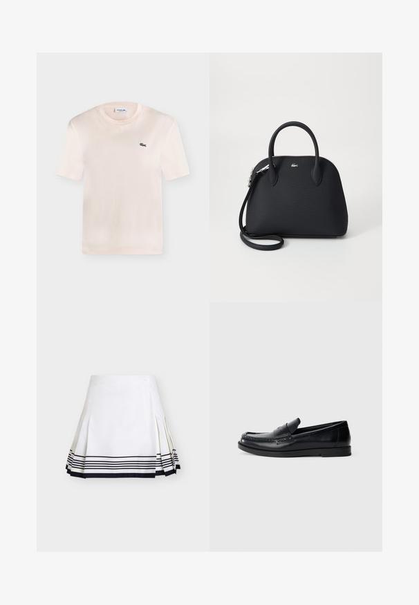T-shirt Lacoste crème à manches courtes, col rond et petit logo crocodile vert sur la poitrine gauche.; Jupe blanche plissée avec des rayures horizontales noires près de l'ourlet et un petit bouton sur la taille, présentée sur un fond uni.; Mocassins en cuir noir avec un design d'accent cousu, bout rond, semelle plate en caoutchouc et finition lisse. Silhouette classique et polyvalente.; Sac à main noir en matériau texturé, doté de deux poignées supérieures et d'une bandoulière amovible, avec un accent logo en argent.