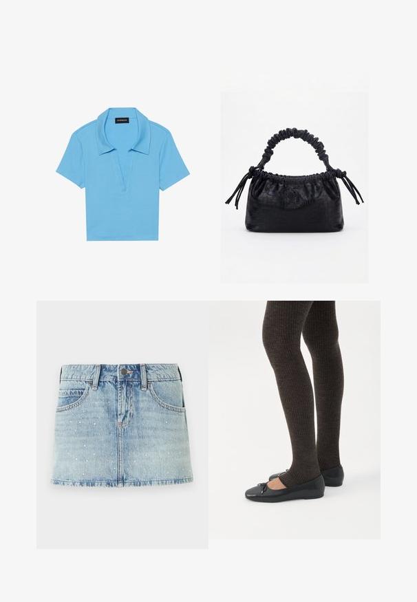 Lys blå polo shirt med klassisk krave, korte ærmer og dyb v-hals. Har en ribbet tekstur og lige kant.; Lyseblå denim mini nederdel med spredte sølvnitter, femlomme-design og frynset kant. Knaplukning ved taljen.; Ben iført mørke ribbede leggings kombineret med sorte balletsko med små sløjfedetaljer på hvid baggrund.; Sort taske med krokodilletekstur, rynket øverste kant, samlet hank og snore med kvaster på hver side mod en hvid baggrund.
