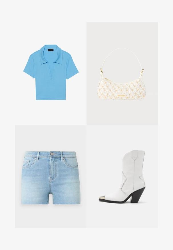 Lys blå polo shirt med klassisk krave, korte ærmer og dyb v-hals. Har en ribbet tekstur og lige kant.; Lyseblå denimshorts med knap foran, lynlås, bæltestropper og det klassiske fem-lomme design på en ensfarvet baggrund.; David Koma ANKLE LENGTH METAL NOSE - Højhælede støvletter - white; Hvid skuldertaske med margueritblondeoverlay og gulddetaljer, med en "LOVE MOSCHINO" logo-plakette foran.