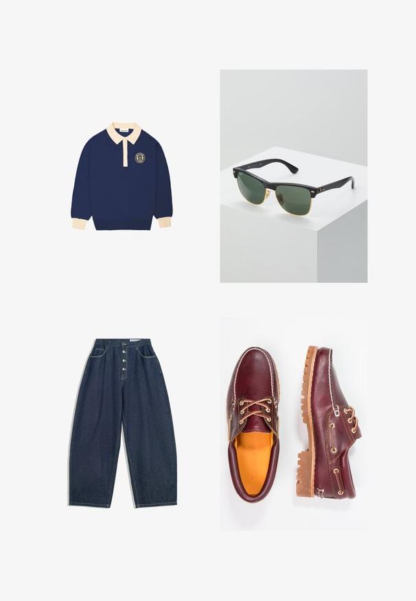Langærmet navy blå polo shirt med beige krave og manchetter, udstyret med et rundt emblem med tekst på venstre bryst.; Mørkeblå denim bukser med brede ben og høj talje, fem knaplukninger og fem lommer. Har stikninger som accent på sømmene.; Bordeaux lædersko med brune gummisåler, rund tå, hvid syning og gyldne snøringer. Indersiden har et gult for.; Ray-Ban solbriller med grønne linser, sorte plastikstel og gyldne detaljer ved kanterne. Firkantet form med mat finish.