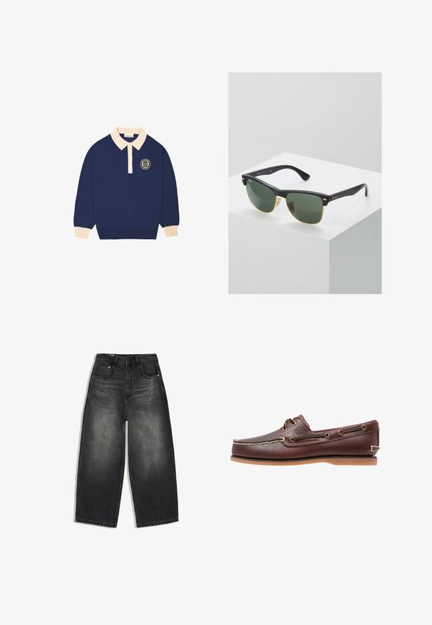 Langærmet navy blå polo shirt med beige krave og manchetter, udstyret med et rundt emblem med tekst på venstre bryst.; Sortvaskede denimbukser med vide ben, for- og baglommer, bæltestropper og en knaplukning i taljen.; Brun læder bådsko med hvide sømme, snøre detaljer og lysbrun gummisål, vist fra siden på hvid baggrund.; Ray-Ban solbriller med grønne linser, sorte plastikstel og gyldne detaljer ved kanterne. Firkantet form med mat finish.