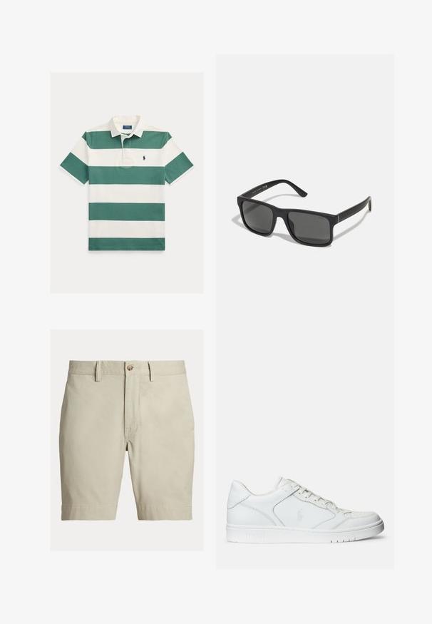 Poloshirt met korte mouwen met brede horizontale groene en witte strepen, witte kraag en klein geborduurd logo op de borst.; Beige knielange korte broek met riemlussen, knoopsluiting en ritssluiting, afgebeeld tegen een witte achtergrond.; Witte leren sneaker met een gladde textuur, voorzien van een geperforeerde neus, vetersluiting en geborduurde logo aan de zijkant. Witte rubberen zool.; Zwarte rechthoekige zonnebril met donkere lenzen en matte afwerking. Voorzien van het ingekruide "POLO"-logo op de armen en een robuust frameontwerp.