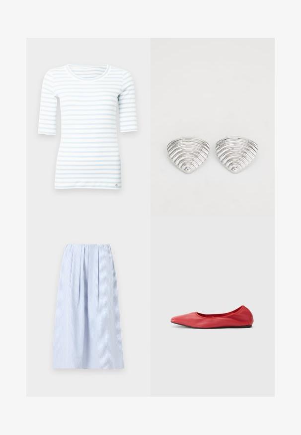 Haut à manches longues rayé bleu clair et blanc en coton doux, avec un col rond et un petit détail logo à l'ourlet.; Jupe midi à rayures verticales bleu clair et blanc avec taille froncée et plis doux, présentée sur un fond uni.; Filippa K REY FLATS - Ballerines - bright red; Boucles d'oreilles en argent avec un design ondulé et texturé, en forme de croissants superposés ; la finition polie accentue les qualités réfléchissantes.