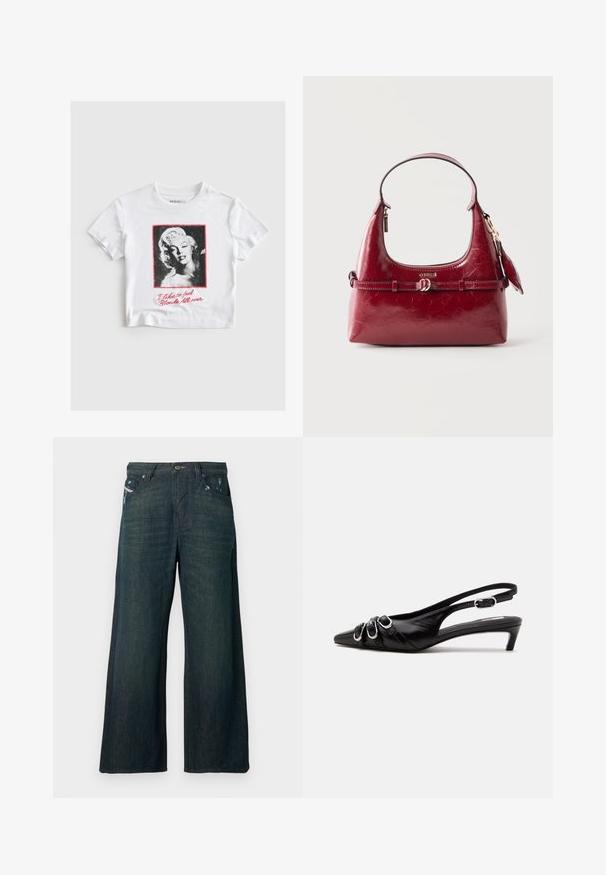 T-shirt blanc à manches courtes avec un portrait en noir et blanc d'une femme blonde et un texte rouge disant "J'aime me sentir blonde de la tête aux pieds."; Jean denim bleu foncé à jambes larges avec légère usure près des poches avant et fermeture standard par bouton et fermeture éclair.; Chaussure slingback en cuir noir avec bout pointu, trois boucles argentées à l'avant et petit talon kitten sur fond blanc.; Sac à main en cuir rouge brillant avec une seule poignée supérieure, une petite boucle frontale et un logo de marque doré sur fond uni.