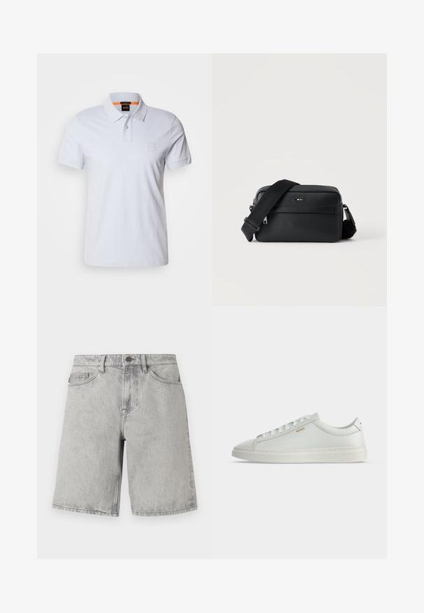 Camisa polo blanca con cuello, mangas cortas y un sutil parche de logo. Fabricada en algodón, presenta una textura suave y un diseño clásico.; Pantalones cortos de mezclilla gris claro con cierre de botón y cremallera, trabillas para cinturón y bolsillos delanteros, exhibidos sobre un fondo blanco.; Zapatilla blanca de cuero de corte bajo con cordones, suela plana y pequeño logo dorado "BOSS" en el lateral, vista desde el lado exterior.; Bolso bandolera negro de cuero texturizado con bolsillo frontal con cremallera y correa de hombro ancha de tela ajustable sobre fondo blanco.