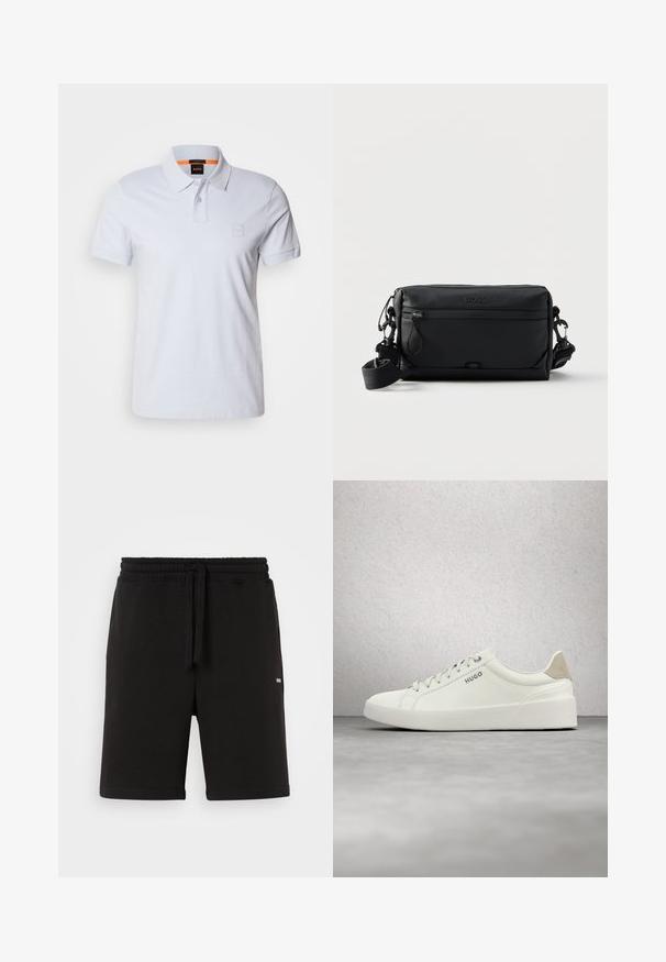 Polo blanc avec col, manches courtes et logo brodé discret. Fabriqué en coton, il présente une texture lisse et un design classique.; Shorts en coton noir avec une taille élastique et un cordon de serrage. Dotés de poches latérales et d'un petit logo à l'avant. Texture lisse.; Baskets blanches basses avec lacets et languette de talon beige, marquées "HUGO", flottant au-dessus d'un sol en béton poli près d'un mur en blocs de verre.; Sac bandoulière rectangulaire noir avec poche avant zippée, sangle réglable et logo "BOSS" embossé en haut au centre.