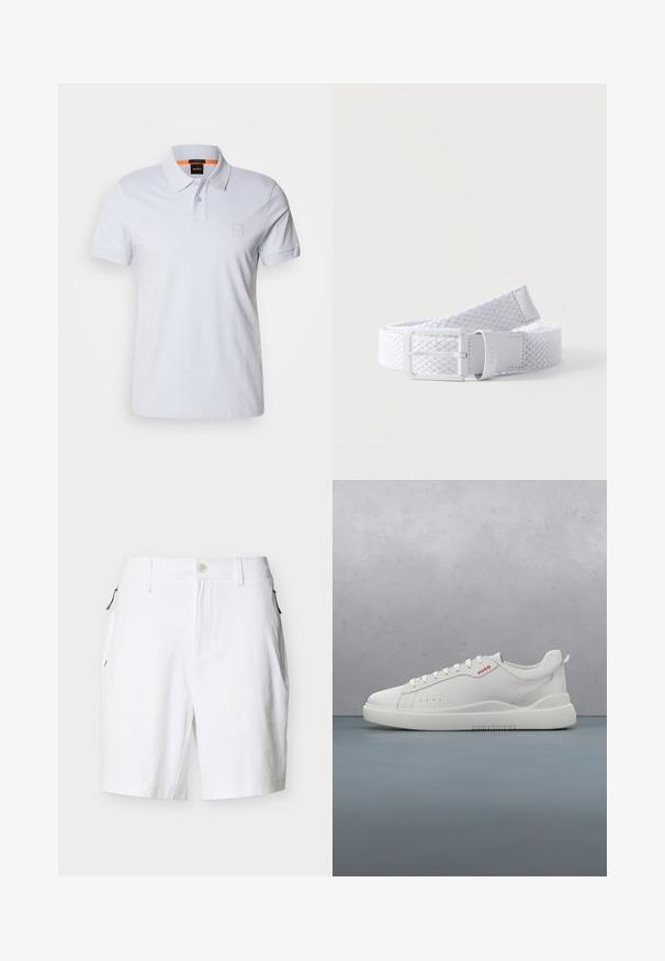 Polo blanc avec col, manches courtes et logo brodé discret. Fabriqué en coton, il présente une texture lisse et un design classique.; Shorts blancs ajustés avec passants pour ceinture, fermeture avant par bouton et fermeture éclair, poches latérales zippées sur fond uni.; Sneaker blanche avec une finition en cuir lisse, bout rond, quatre œillets, perforations subtiles et un détail de logo rouge sur le côté.; Ceinture en tissu blanc tissé avec une boucle métallique rectangulaire blanche et une boucle de ceinture en cuir, enroulée sur un fond clair.
