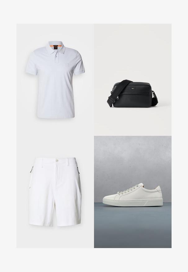 Hvid polo skjorte med krave, korte ærmer og diskret logo-patch. Fremstillet af bomuld, med en glat tekstur og klassisk design.; Hvide skræddersyede shorts med bæltestropper, frontknap og lynlåslukning samt lynlåslommer i siderne på en ensfarvet baggrund.; Hvid lædersneaker med rund tå, minimalistisk design, grå snørebånd og en tekstureret grå gummisål. Subtile syningsdetaljer er synlige.; Sort tekstureret læder crossbody taske med front lynlåslomme og justerbar bred stofskulderrem på hvid baggrund.