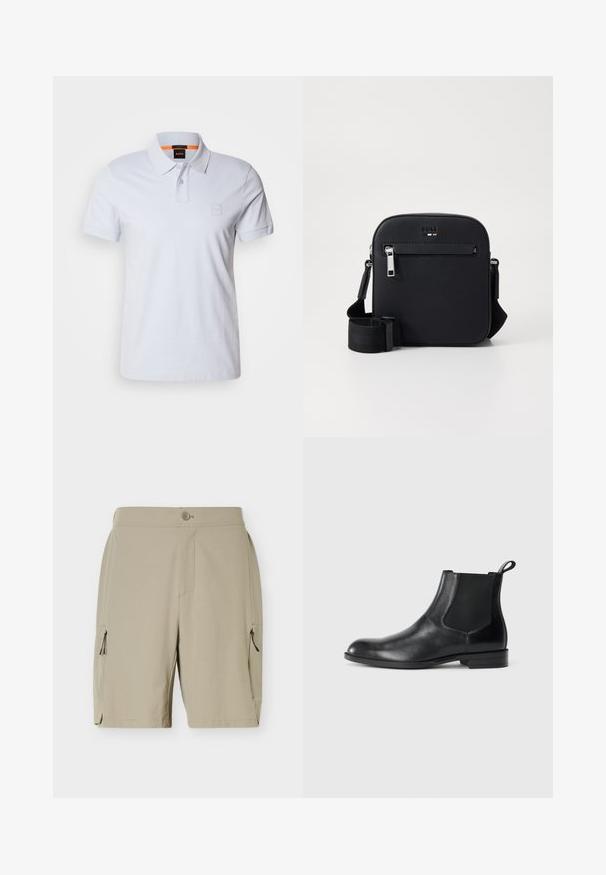 Weißes Poloshirt mit Kragen, kurzen Ärmeln und dezentem Logo-Patch. Aus Baumwolle gefertigt, mit glatter Textur und klassischem Design.; Beige knieumspielende Shorts mit Knopfverschluss und Reißverschlusstaschen auf jeder Seite, entworfen für legere oder outdoor Aktivitäten.; Schwarze Leder-Stiefelette mit elastischen Seiteneinsätzen, abgerundeter Zehenpartie und einem Zugschlauf. Glatte Textur, flache Sohle, minimalistisches Design.; Schwarze Umhängetasche aus Leder mit glatter Textur, verfügt über eine vordere Reißverschlusstasche, verstellbaren Riemen und schlankes quadratisches Design.