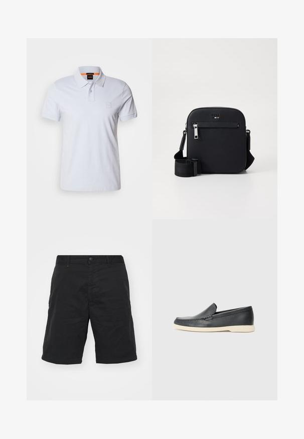 Valge polo särk, millel on krae, lühikesed varrukad ja diskreetne logopatch. Valmistatud puuvillast, sujuva tekstuuri ja klassikalise disainiga.; Kergedest mustad lühikesed püksid, millel on nup closure, vööloopid ja sirge lõige. Lihtne disain ilma nähtavate mustriteta.; Mustast nahast libiseva kandega mokassiin beezhiga tallaga, õhus paigutatud lähedal metalltraadist ajakirjarahni juures terrazzo põrandal.; Must nahast ristihoidja kott, millel on sile tekstuur, esiküljel lukuga tasku, reguleeritav rihm ja stiilne ruudukujuline disain.